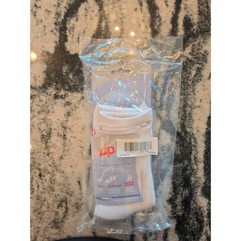 NEW Sealed Zipit The Sock with a Pocket White Crew Socks Travel Security Medium